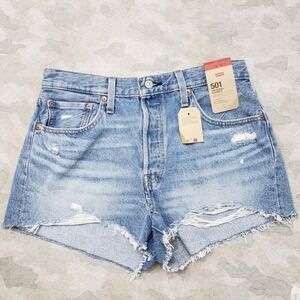 Levis 501 Shorts Womens 31 Blue Denim Distressed High Rise Denim Light Wash